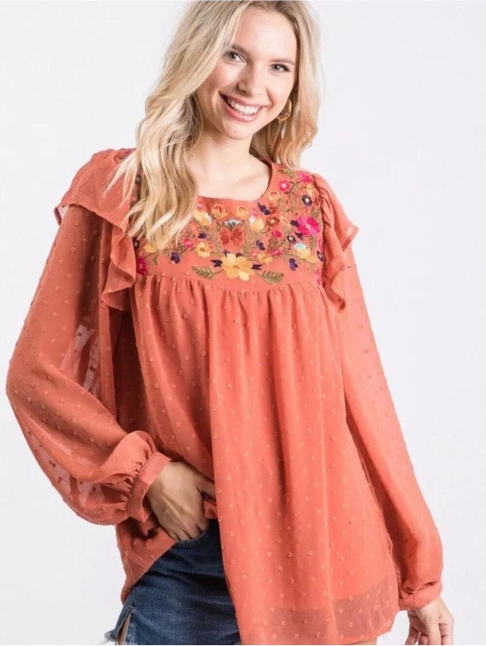 Jodifl Swiss Dot Rust Floral Embroidery Top Boho Fairy core Size Large